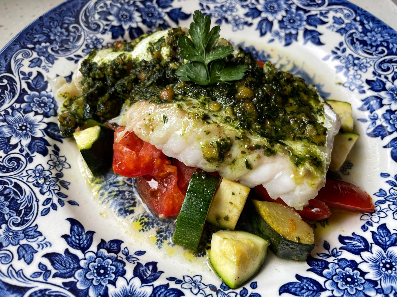 Recipe: Foil-baked Pesto Cod with Tomato and Zucchini